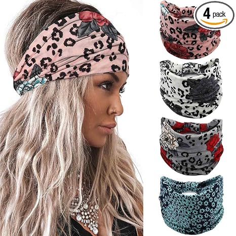 Acenail Wide Headbands Knotted Turban Headband Elastic Non Slip Hairbands Floral Workout Head Bands Yoga Hair Scarfs Boho Head Wraps Fashion Hair Accessories for Women 4Pcs(Gorgeous) - skull headband