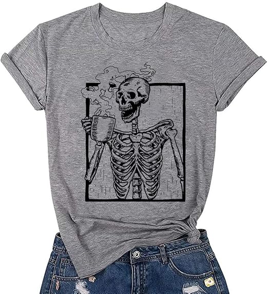 Hot Coffee Skeleton Shirt Women Halloween Skeleton Tshirt Funny Skull Graphic Tees Casual Fall Short Sleeve Tops - skull tshirt