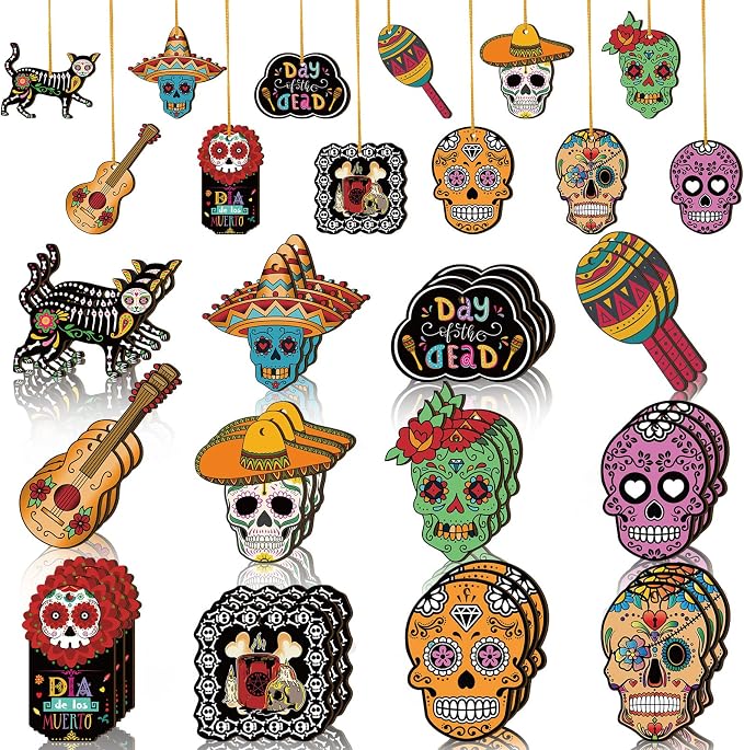 36 Pieces Day of The Dead Sugar Skull Halloween Wooden Ornaments Ghost Hanging Outdoor Skeleton Cats Wood Decorations for Mexican Halloween Party Indoor Patio Lawn Decor(Skull Style) - sugar skull ornament