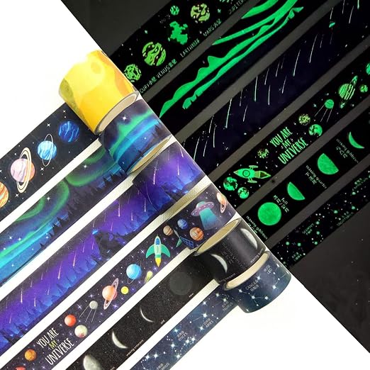 YUBBAEX Luminous Galaxy Washi Tape Set Space Glow in The Dark Masking Tape Decorative for Arts, DIY Crafts, Journal Supplies, Planners, Scrapbook, Card/Gift Wrapping (Universe 6 Rolls x 3m) - skull sticker