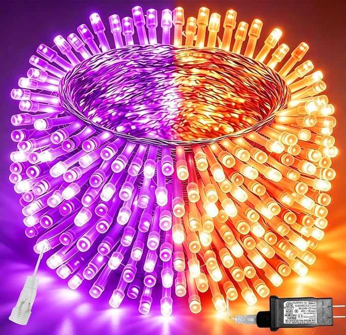 Pooqla Halloween Lights, 66 ft 200 LED Indoor Outdoor Halloween String Lights Plug in, Connectable 8 Modes Clear Wire Twinkle Fairy String Lights for Xmas Tree Decoration Clear wire, Orange and Purple - string light
