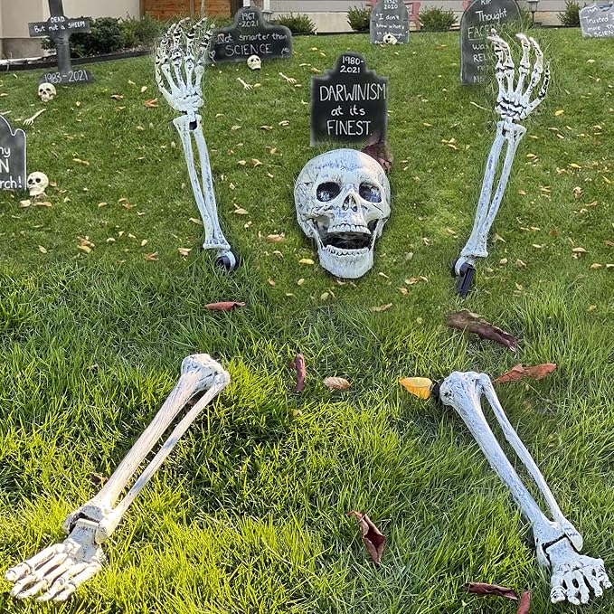 Halloween Skeleton Stakes Decorations, Realistic Skeleton Halloween Decor, Hallo-ween Ske-leton Head and Arms with a Stake for Halloween Yard Scary Skeleton Decor 5pcs