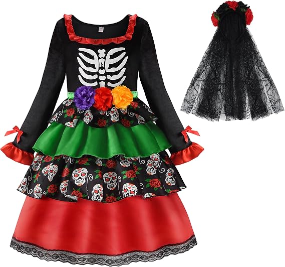 ReliBeauty Kids Day of The Dead Costume for Girls Sugar Skull costume with Flower Headband - sugar skull costume