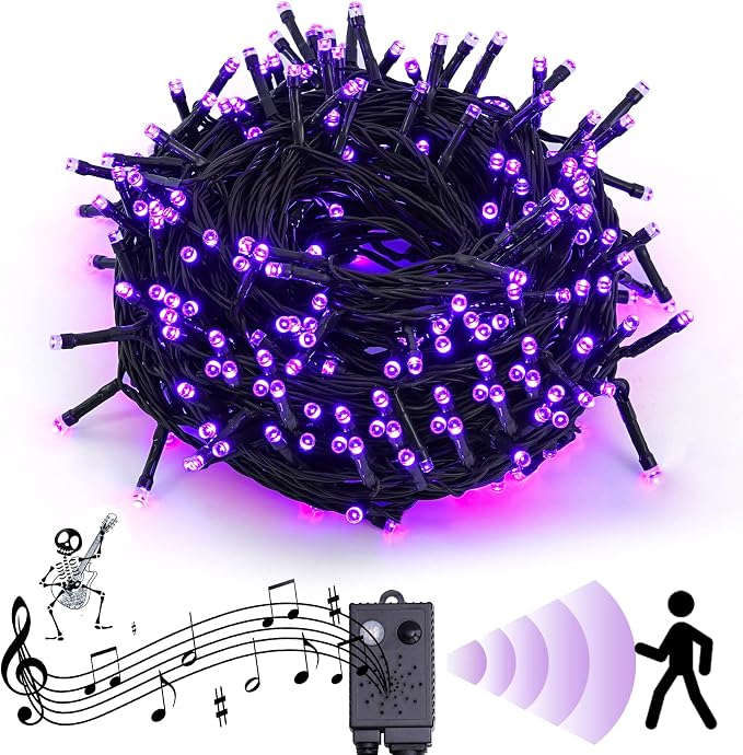 Rotu Halloween Lights Outdoor 114.8 ft 300 LED String Lights with Music Sync Spooky Sounds Halloween Decorations Fairy Lights Indoor Waterproof for Yard Porch Haunted House Decor (Purple) - string light