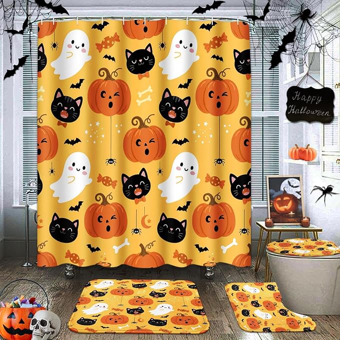 ArtSocket Halloween Bathroom Sets with Shower Curtain and Rugs, Yellow Cat - skull toilet mat