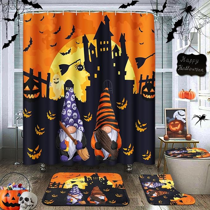 ArtSocket Halloween Bathroom Sets with Shower Curtain and Rugs, Witch Bat - skull toilet mat