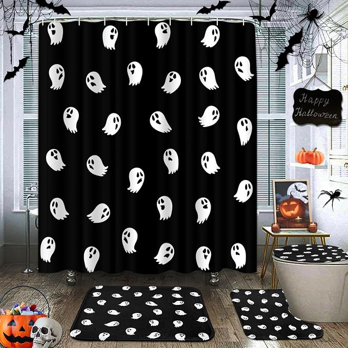 ArtSocket Halloween Bathroom Sets with Shower Curtain and Rugs Spooky Cute - skull toilet mat