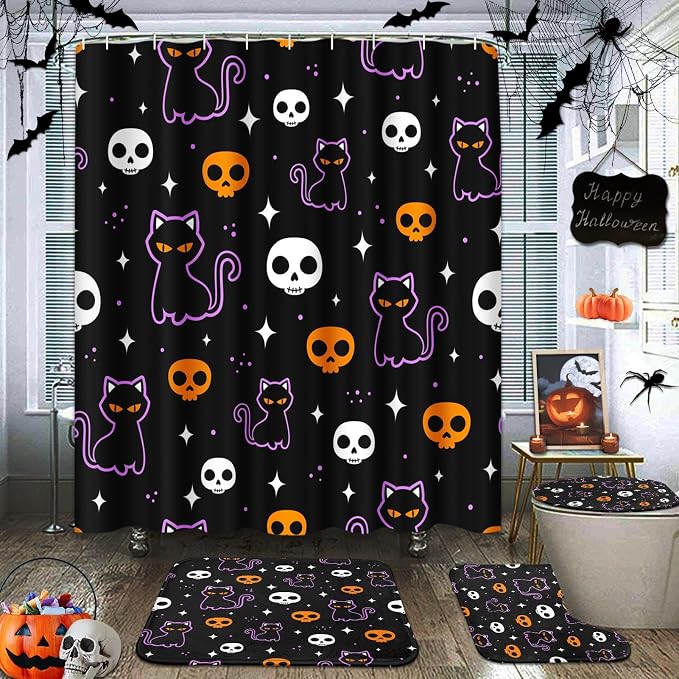 ArtSocket Halloween Bathroom Sets with Shower Curtain and Rugs, Skulls