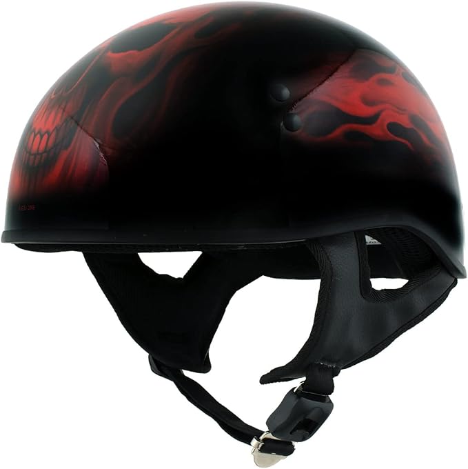 Hot Leathers HLD1018 Black Red Flame Skull Motorcycle DOT Approved Skull Cap Half Helmet Biker - skull helmet