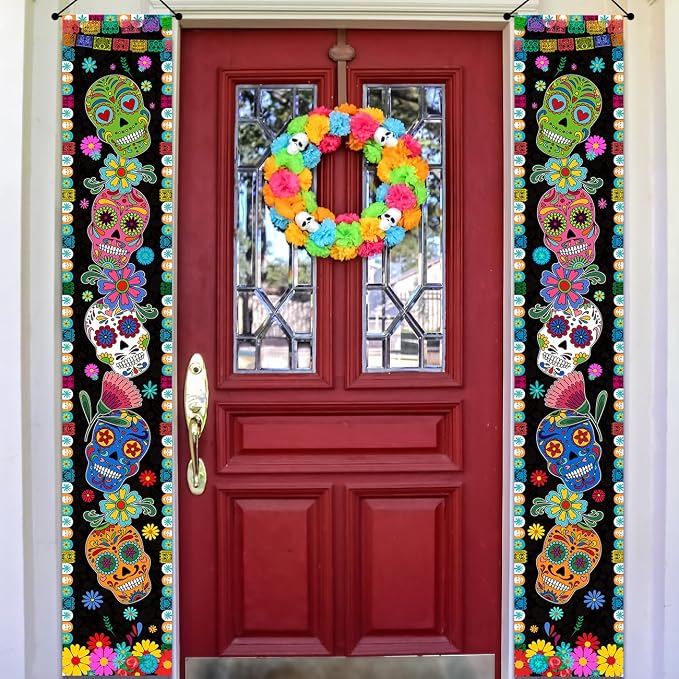 Dia De Los Muertos Porch Banner Sugar Skull Day of the Dead Halloween Decor - skull inflatable