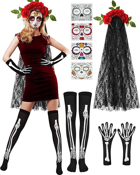 Jecery 9 Pcs Day of The Dead Costume Accessories for Women Halloween - sugar skull costume