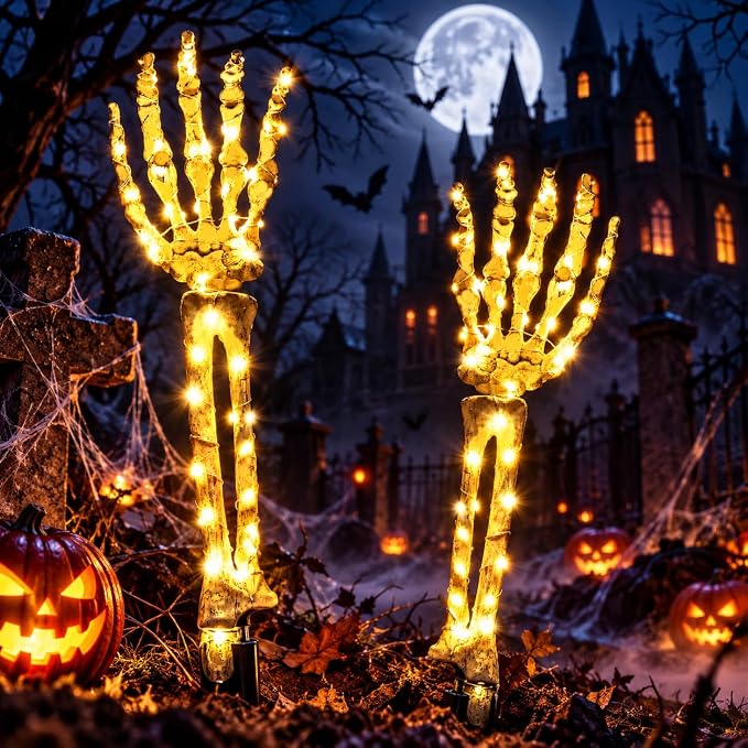 Halloween Decorations Outdoor Lighted Skeleton Arm Stakes 2Pack 96 LED Light Up Skeleton Hand s Stakes for Lawn Graveyard,Halloween Glowing Skull Arm Pathway Lights 8 Modes with Timer for Outdoor Yard