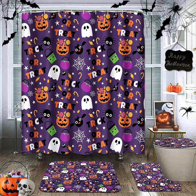 Bathroom Sets with Shower Curtain and Rug, 4 Pcs, Halloween - skull toilet mat