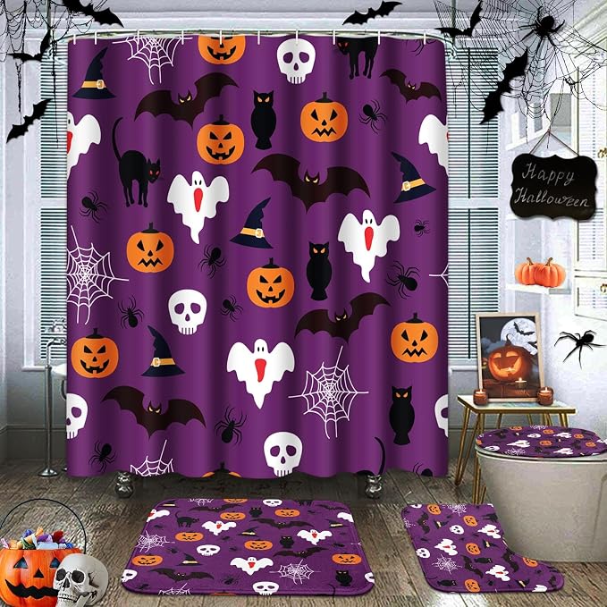 Halloween Bathroom Sets with Shower Curtain and Rugs, Ghost Purple