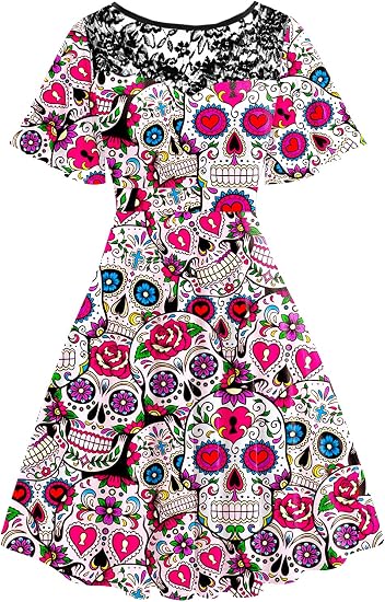 AOBUTE Women Halloween Dress Lace Flutter Sleeve A-Line Party Dresses - skull sweatshirts
