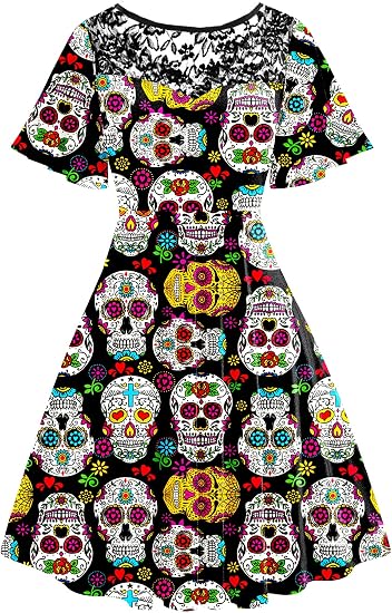 AOBUTE Women Halloween Dress Lace Flutter Sleeve A-Line Party Dresses - skull leggings