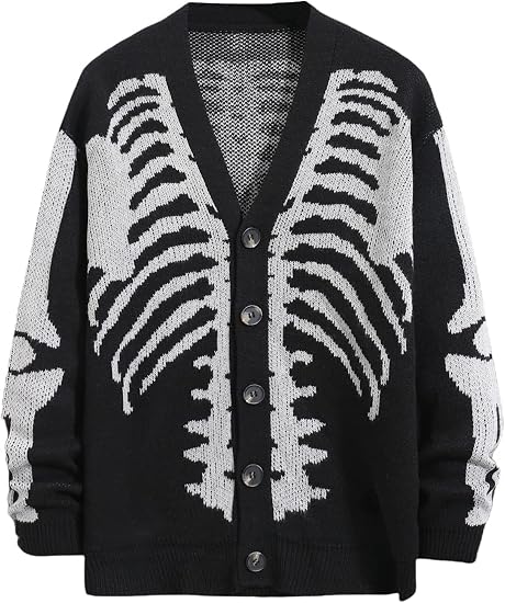 SHENHE Men’s Skeleton Pattern Cardigan Long Sleeve Unisex Knitted Sweaters