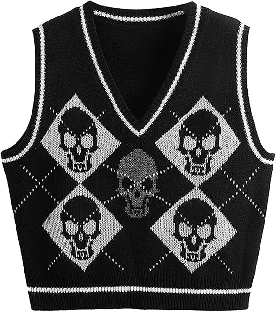 jinghuiyue Women's Sleeveless Sweater Vest Halloween Skull Printed Knit Vest V Neck Crop Pullover Knitwear Tank Tops - skull jacket