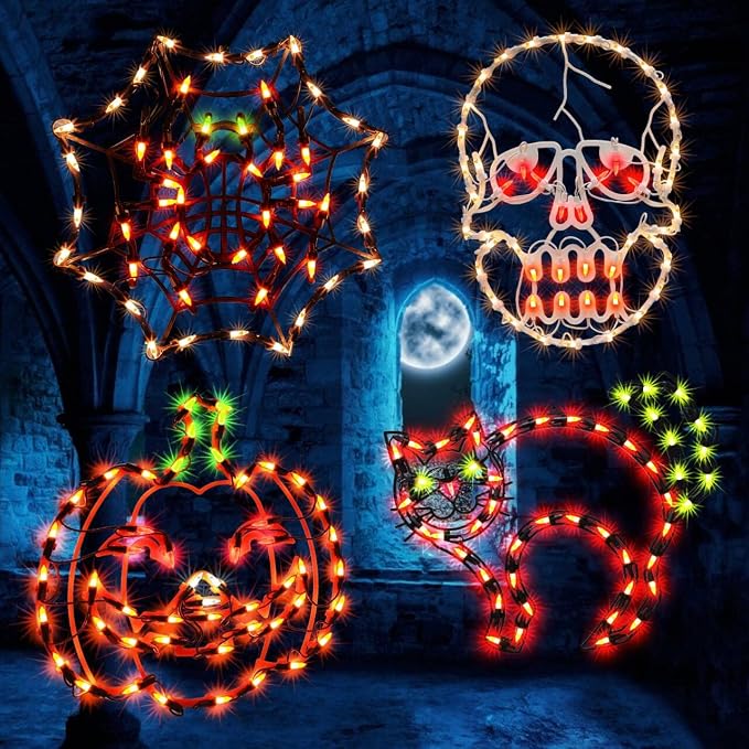 4 Pack Lighted Halloween Window Silhouette Decoration,Jack-O-Lantern, Cobwet,Skull, Cat, Lighted Window Decoration - string light