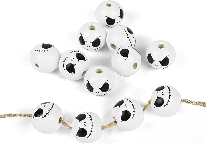 AllReal 100 Pcs Halloween Wooden Beads Black White Skeleton - skeleton