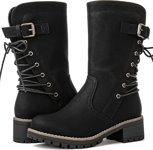 GLOBALWIN Women's Ankle Boots For Women Faux Fur Lined Winter Moto Boots Ankle Booties With Adjustable Double Buckles - sugar skull costume