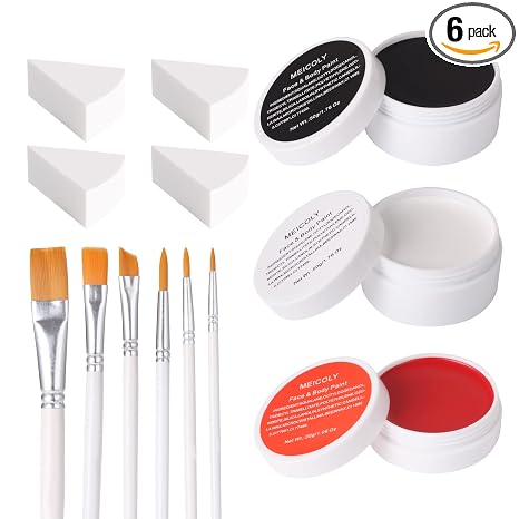 MEICOLY Clown Makeup Kit,White Black Red Face Body Paint for Halloween Devil Joker Zombie Vampire Skeleton SFX Makeup,Pro Oil Based Body Paint with 6 Painting Brushes,4 Sponges,130g/4.59 oz - skull painting