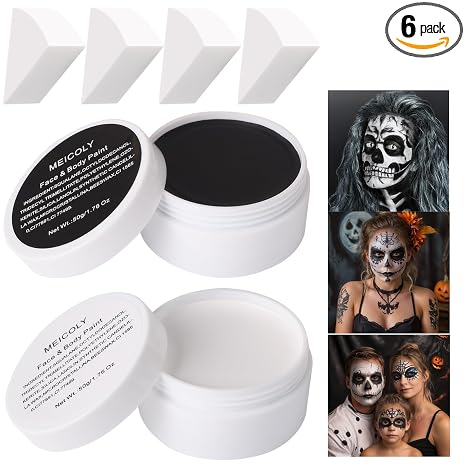 MEICOLY 6Pcs Halloween Makeup Kit,Black White Face Paint Clown White Makeup,Classic Pro Oil Based Face Body Paint for Adults and Kids, SFX Joker Zombie Vampire Skull Skeleton Cosplay,100g/3.53 oz - skull painting