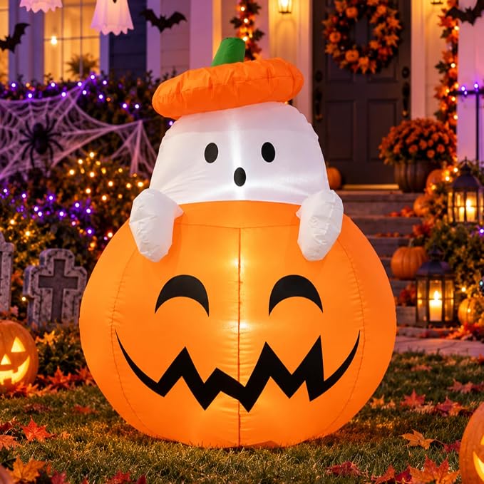Inflatable Ghost Outdoor Decoration, 4ft Halloween Scary Blow Up Yard Décor - skull inflatable
