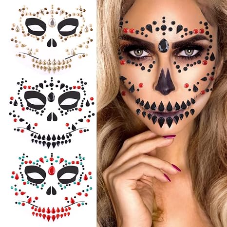 Halloween Face Jewels Temporary Tattoos Skull Horror Ghost Gems Rhinestone Fake Tattoos Acrylic Eyeshadow for Cosplay Party Supplies Day of the Dead Face Stickers 3 Sheet - sugar skull costume