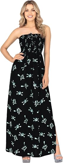 LA LEELA Women's Halloween Beach Pirate Evening Party Caribbean Pirate Maxi Smocked Dress Tube Top Dresses for Women - sugar skull dress