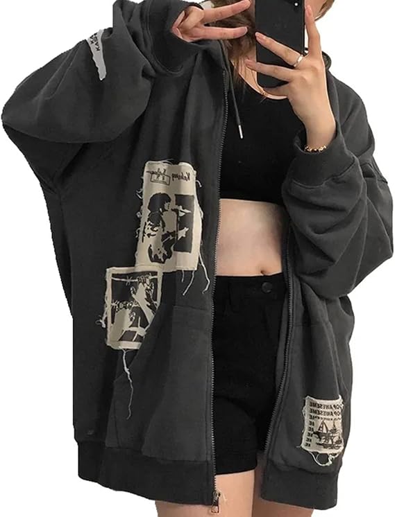 Alt Emo Clothes Women Oversized Zip Up Hoodies Rhinestone Y2k Aesthetic Skeleton Sweatshirts Grunge Gothic Jacket Streetwear - skull jacket