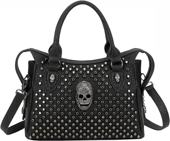 Women Handbag and Purses PU Satchel Skull Rivet Shoulder Tote Top-Handle Bag Black - sugar skull handbags for sale