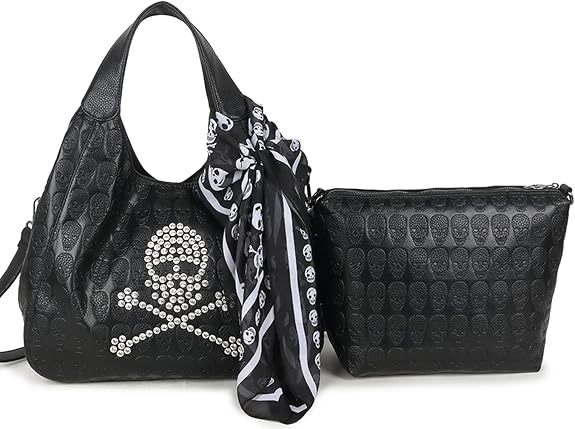 Women 2PCS Handbag and Purses PU Satchel Skull Rivet Shoulder Tote Top-Handle Bag Black - sugar skull handbags for sale