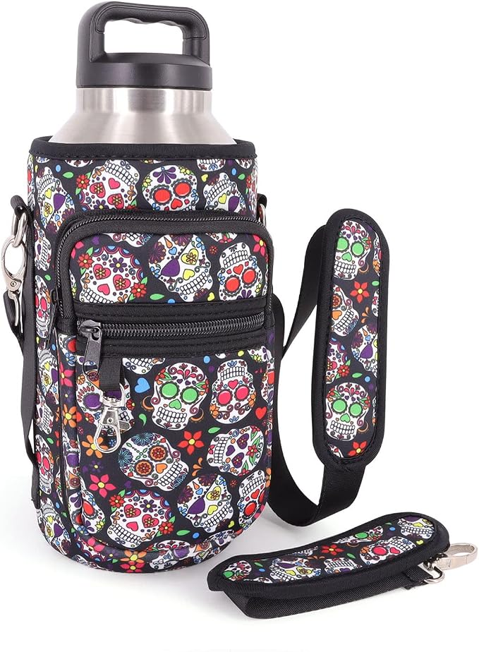 Water Bottle Holder Sling Bag Sleeve Carrier 32oz 40oz 64oz, Insulated Crossbody Water Bottle Case Cover with Padded Strap and 2 Pockets for Walking Hiking Camping - sugar skull handbags for sale