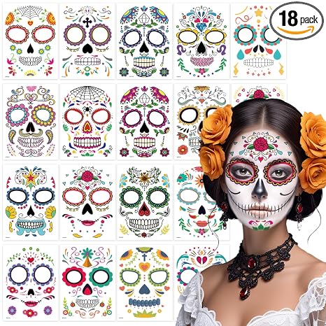 TATUWST 18 Pack Day of the Dead Face Tattoos Sugar Skull Catrina Makeup Kit