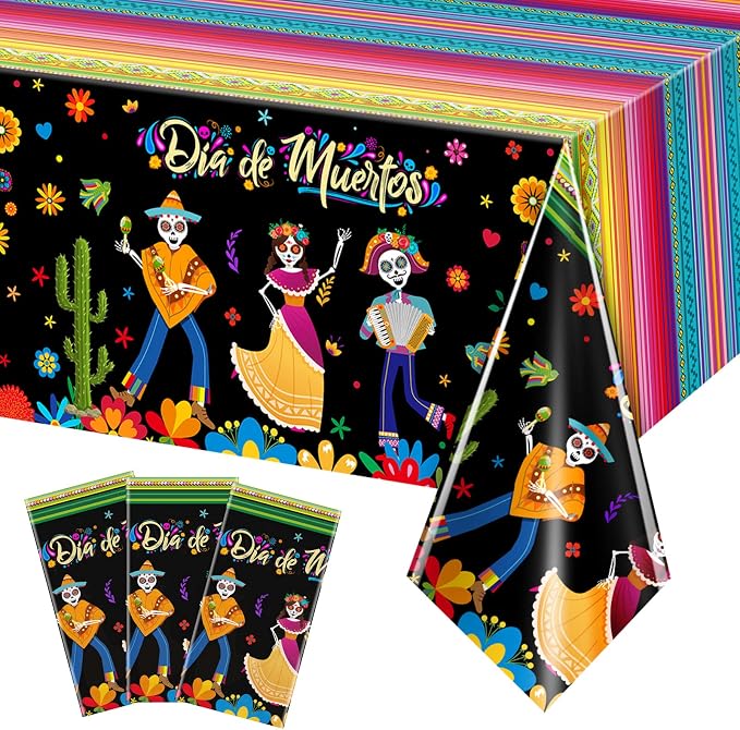 Tiamon 3 Pcs Day of The Dead Tablecloth Mexican Fiesta Table Cover - skull floor mat