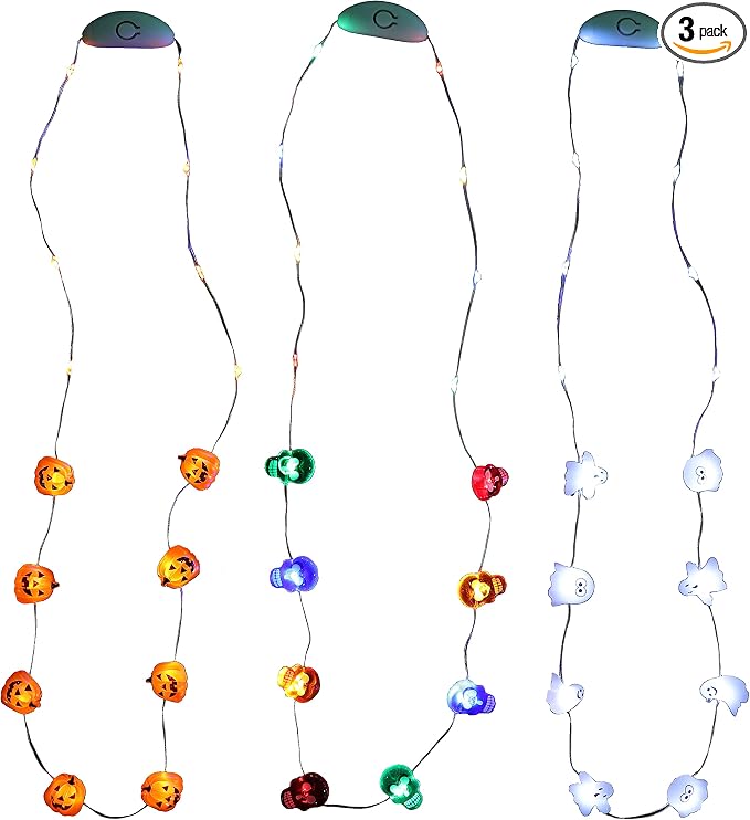 Halloween Light Up String Lights LED Necklace Party Suppliers, Glowing in The Dark Fun accessories Jack O Lantern, Skull, Cute Ghost Set of 3 for Bar Trick or Treating Parade Procession