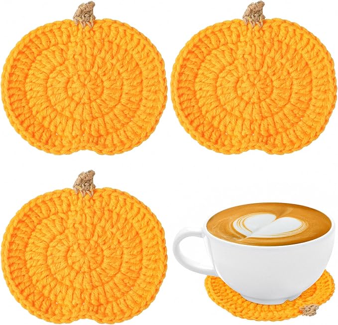 Irenare 4 Pcs Fall Crochet Pumpkins Coaster Halloween Thanksgiving Decor - skull coaster