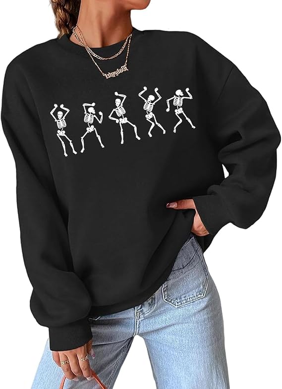 CM C&M WODRO Womens Halloween Dancing Skeleton Sweatshirts Spooky Season Crewneck Shirt Long Sleeve Horror Skull Pullover Top - skull sweatshirts