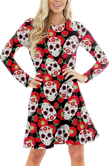 Deerose Women Halloween Dress with Pockets Funny Long Sleeve Outfits - sugar skull boots