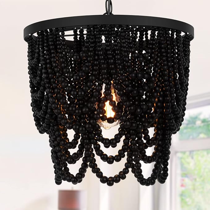 Boho Beaded Chandelier 15″ Wood Bead Semi Flush Mounted Pendant Light Black Height Adjustable, 2 Tiers, Antique Rustic, for Living Room, Bedroom, Kitchen, Hallway, Passway
