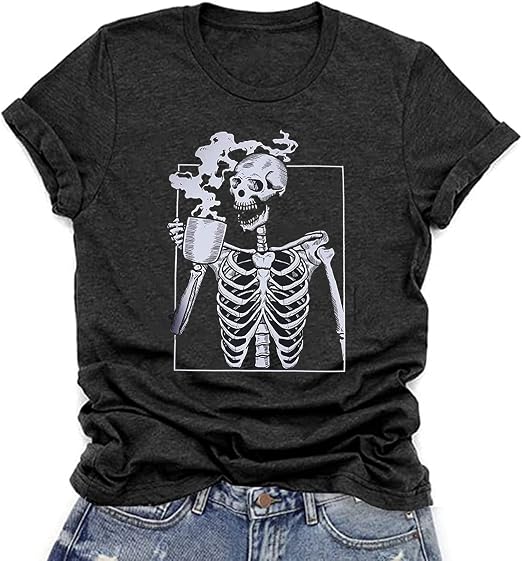 Hot Coffee Skeleton Shirt for Women Halloween Skeleton T-Shirt Funny Fall Skull Graphic Tees Tops Blouse Gift - skull tshirt