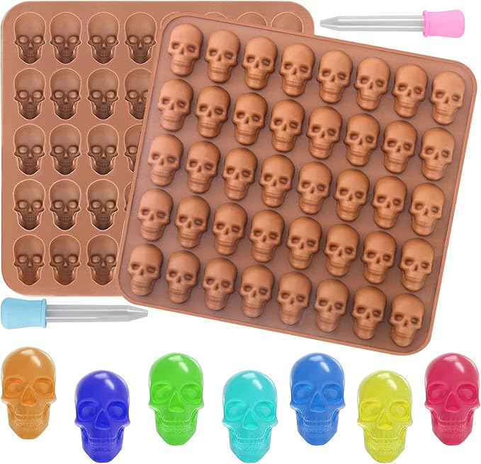 2 Pcs Gummy Skull Candy Molds Silicone Mini Skull Molds 3D Gummie Skull Molds Sugar Mold Skull Chocolate Mold 40 Cavity Non-Stick Candies Mold for Chocolate Cookie Jello Ice Cube With 2 Dropper(Brown) - skull ashtray