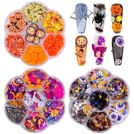 3D Boxes Halloween Nail Art Glitter Sequins, Kalolary Holographic Skull Spider Pumpkin Bat Ghost Witch Shape Confetti Glitter Flake for Acrylic Nails Design Halloween Party Decor（3 Boxes）