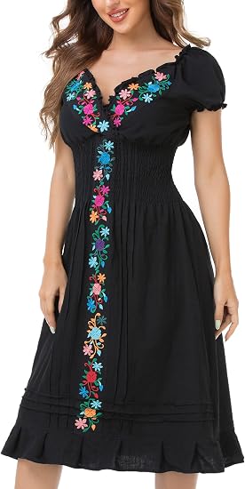 YZXDORWJ Women Mexican Embroidered Casual Dress Summer Ruffle V Neck Short Sleeves - sugar skull dress