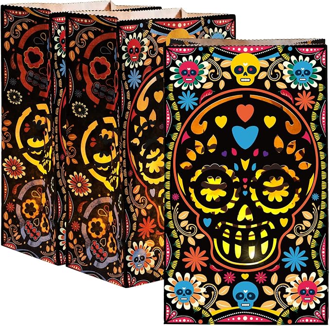 Outus 24 Pcs Day of Dead Paper Bags, Black Flame Resistant Sugar Skull - skull candle