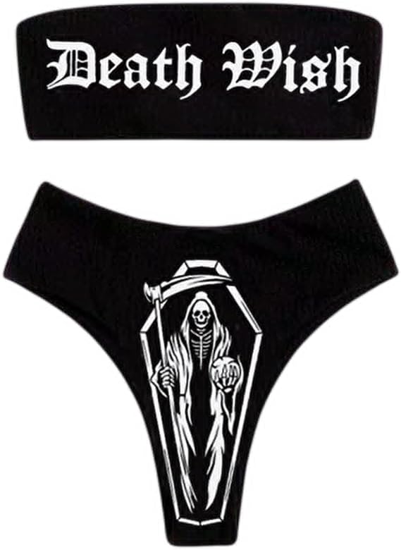 JUMISEE Women Skull Letter Pattern Goth Bikini Set 2 Piece High Waist Bandeau Swimsuit - skull swimsuit