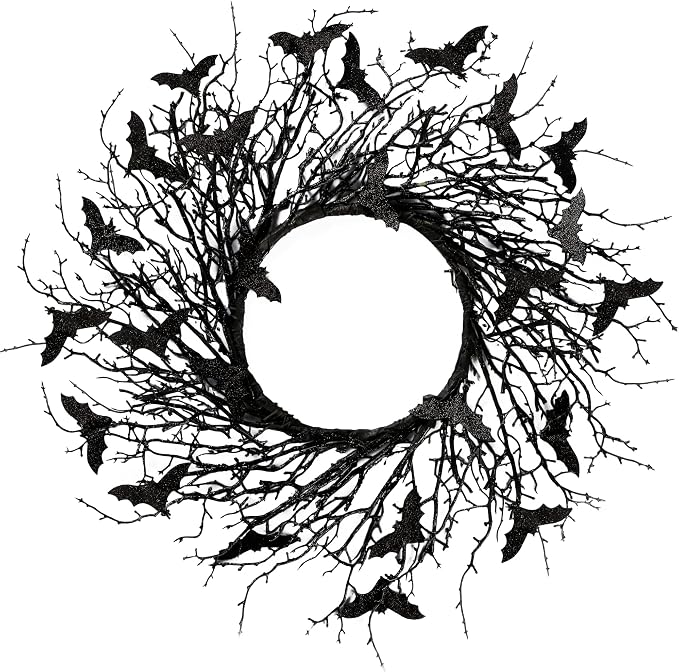 Sggvecsy 17.7"Artificial Black Twig Wreath with Glitter Bats - Handmade Sparkling Hanging Decorations for Front Door, Indoor/Outdoor Halloween Party - skull wreath