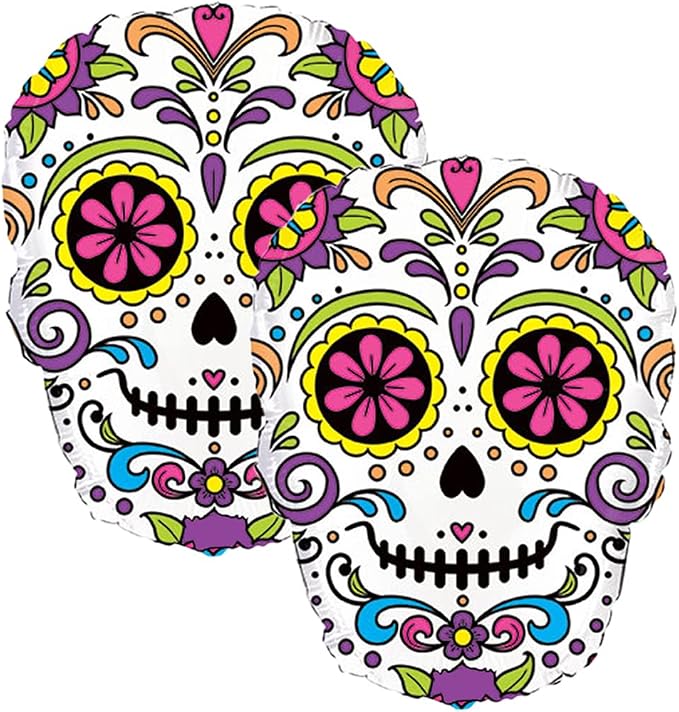 Set of 2 Day of the Dead Sugar Skull 22" Foil Party Balloons - skull inflatable