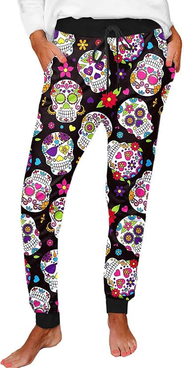 Deerose Women Halloween Pajama Pants Pumpkin Print Sweatpants with Pockets - sugar skull makeup